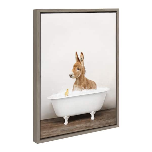 Sylvie "Baby Donkey in Rustic Bath" by Amy Peterson Art Studio Gray Framed Art Print 18 in. x 24 in.