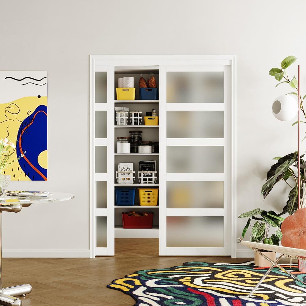 TENONER 60 in. x 80 in. (Double 30 in. Doors) 5 Panel Frosted Glass, Painted, White MDF Wood Pocket Door Frame with All Hardware, image size:1000x1000