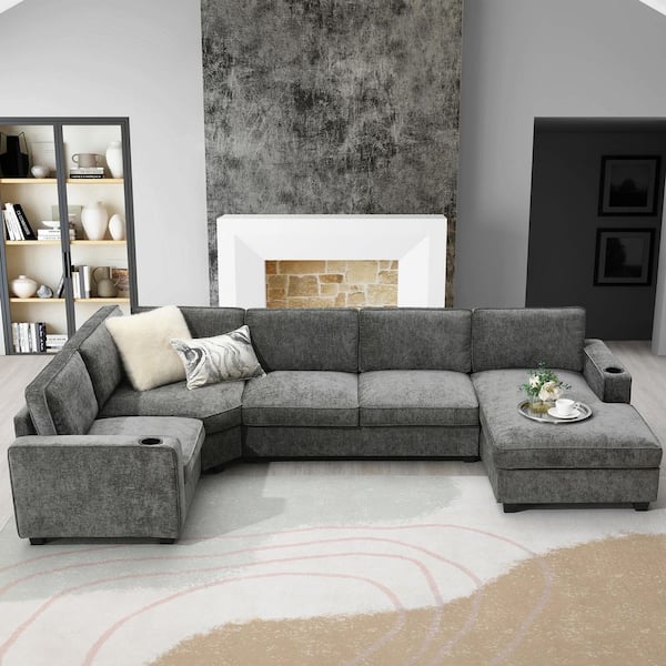119 x 67 in. Deep and Wide U-Shaped Chenille 6-Seat Irregular Corner Sectional Sofa in. Grey with Cup Holders