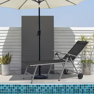 Grey Metal Outdoor Adjustable Chaise Lounge Chair Recliner with Armrest and Wheels for Poolside Beach Patio