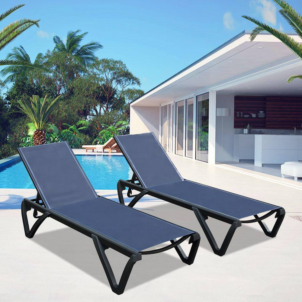 2 Pieces Metal Navy Blue Adjustable Outdoor Chaise Lounge All Weather Recli