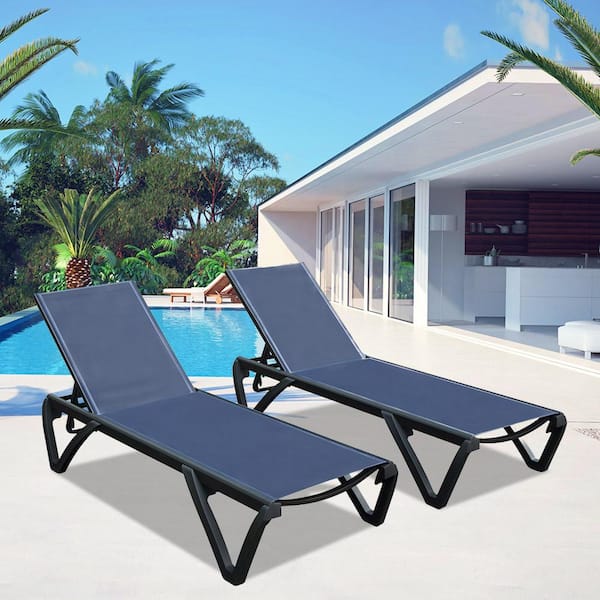 Unbranded 2 Pieces Metal Navy Blue Adjustable Outdoor Chaise Lounge All Weather Reclining Chair for Yard, Pool