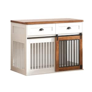42.1 in. x 22 in. x 22.8 in. Wooden Double Door Dog Cage Side Cabinet Heavy-Duty Furniture Style, White and Walnut