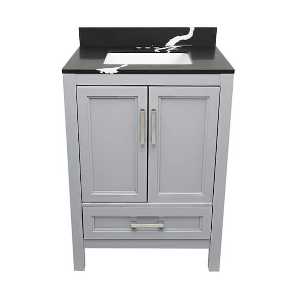 Ella Nevado 25 in. W x 19 in. D x 36 in. H Bathroom Vanity in Gray with Quartz Stone Vanity Top Sink in Calacatta Black