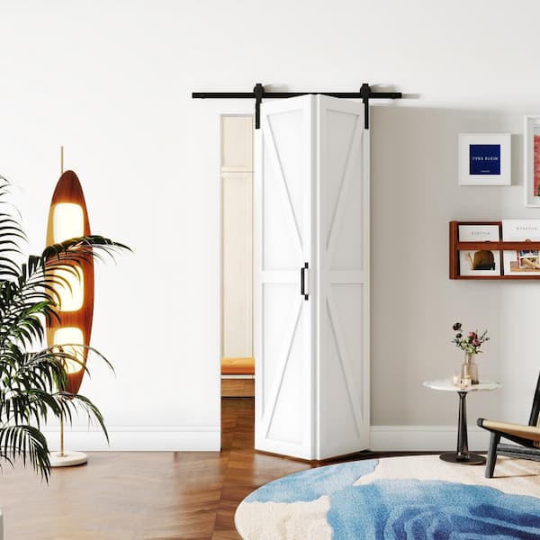 42 in. x 84 in. White, Finished, MDF, K Shaped, Pre-Assembled Panel, Bi-Fold Style Sliding Barn Door with Hardware Kit