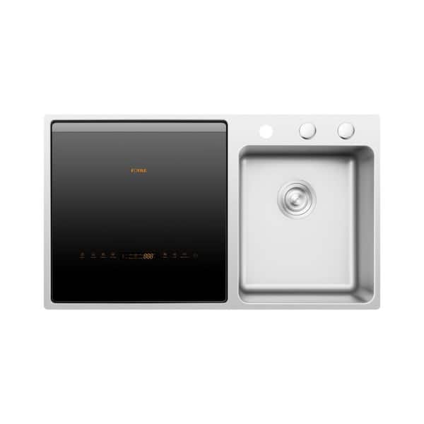 FOTILE 18 in. 3 in. 1-Counter-top Mounted Sink and Left Dishwasher Combination System in Stainless and Black with Produce Cycle