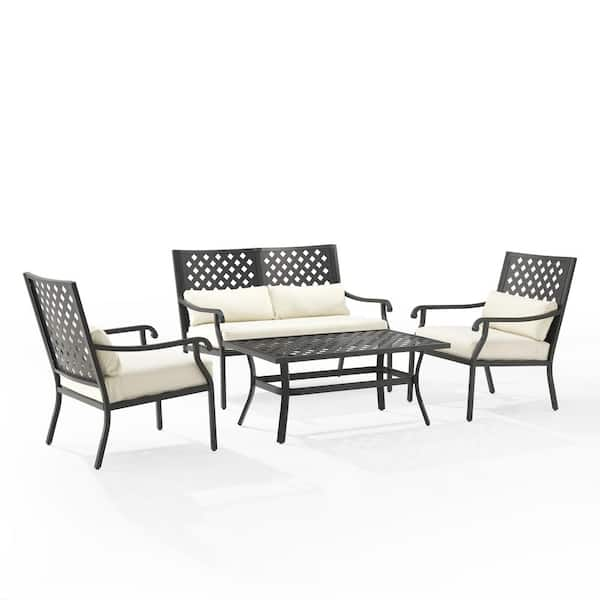 CROSLEY FURNITURE Alistair Black 4-Piece Metal Patio Conversation Set with Creme Cushions