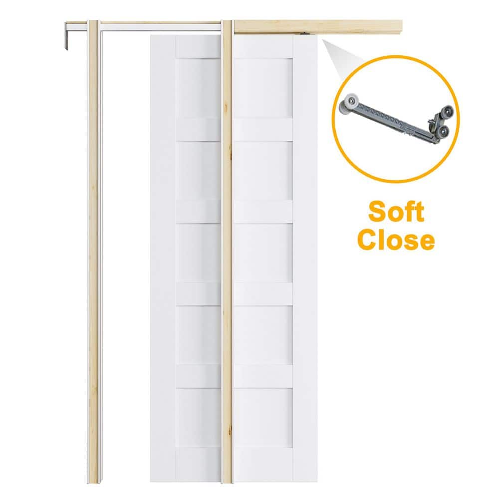 28 in. x 80 in. Paneled 5-Lite White Primed MDF Pocket Sliding Door with Pocket Door Hardware Kit (Soft Close Included) price history on PriceWatchPro