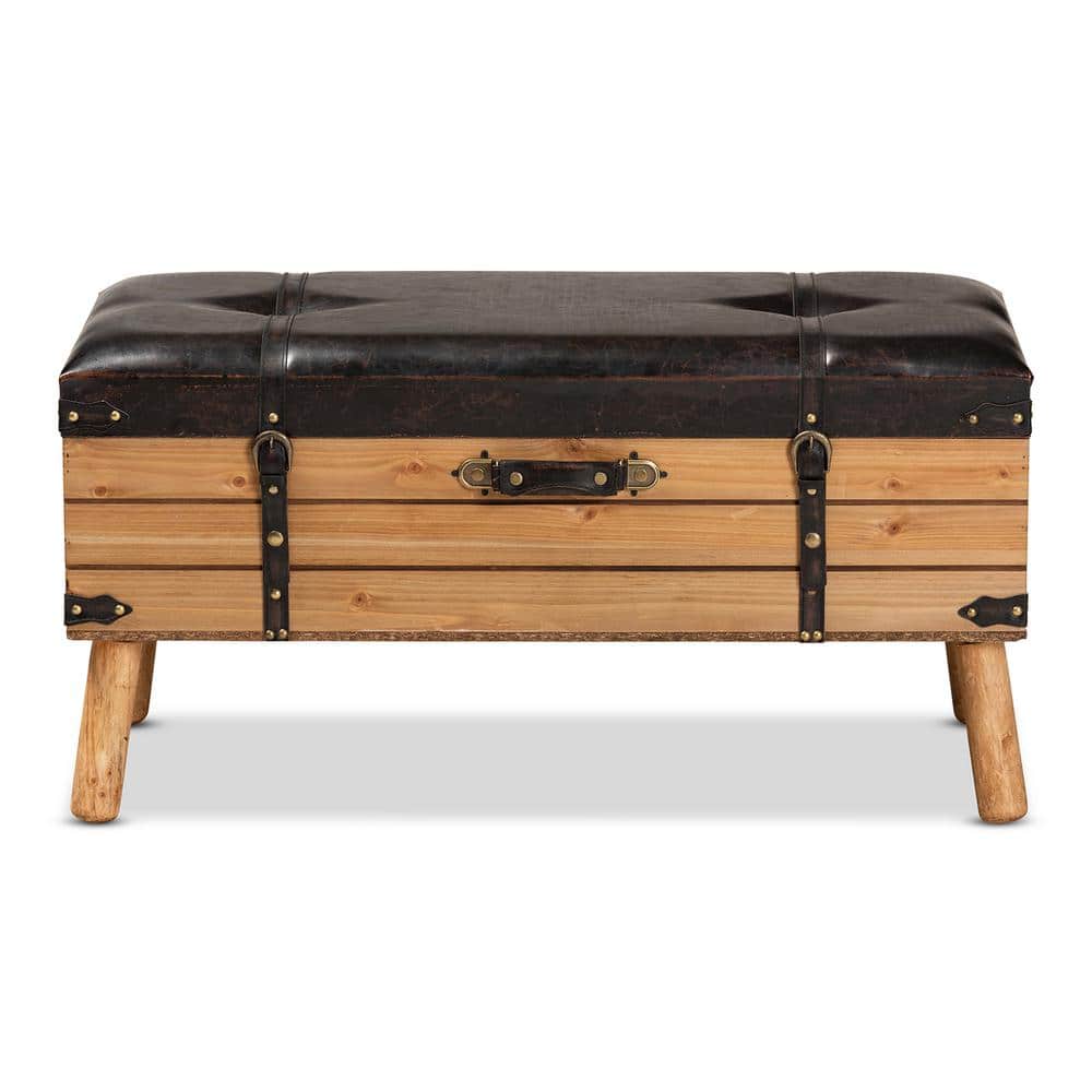Amena Rustic Dark Brown PU Leather & Oak Large Storage Ottoman
