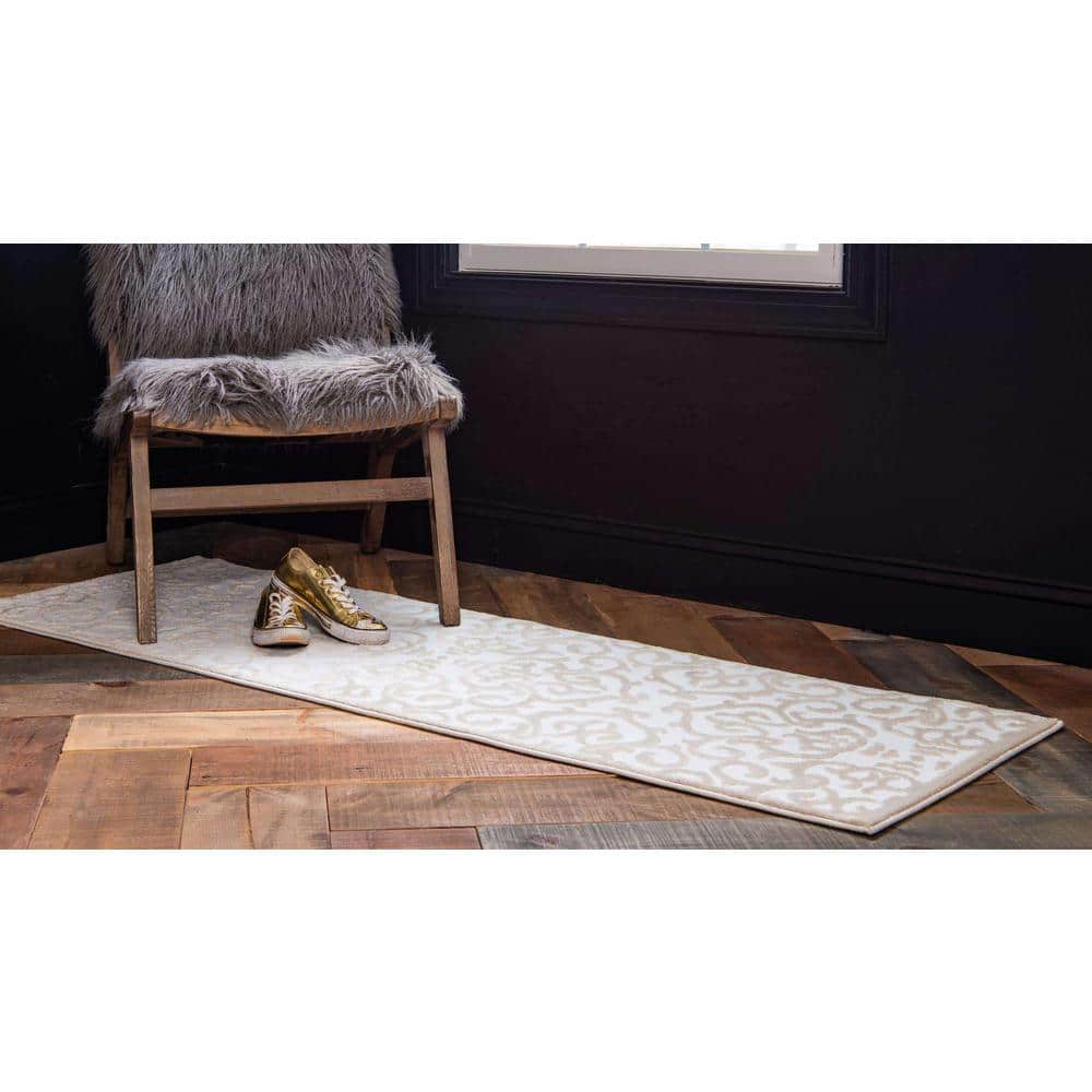 Snow White and Beige Floral Synthetic Runner Rug