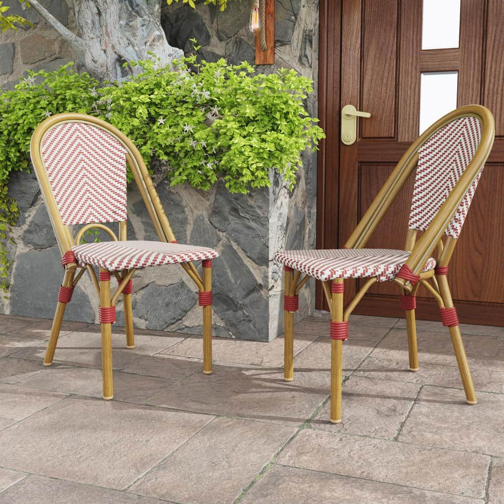 JOYSIDE Outdoor French Wicker Aluminum Patio Armless Dining Chair in White and Red (2-Pack)