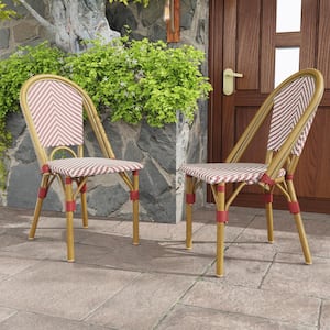 Outdoor French Wicker Aluminum Patio Armless Dining Chair in White and Red (2-Pack)