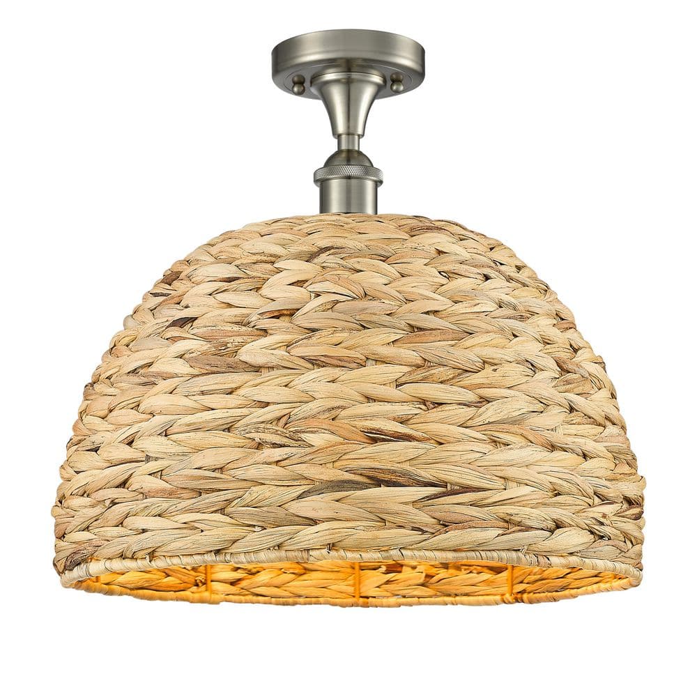 Woven Rattan 15.75 in. 1-Light Satin Nickel Farmhouse Semi-Flush Mount with Shade price history on PriceWatchPro