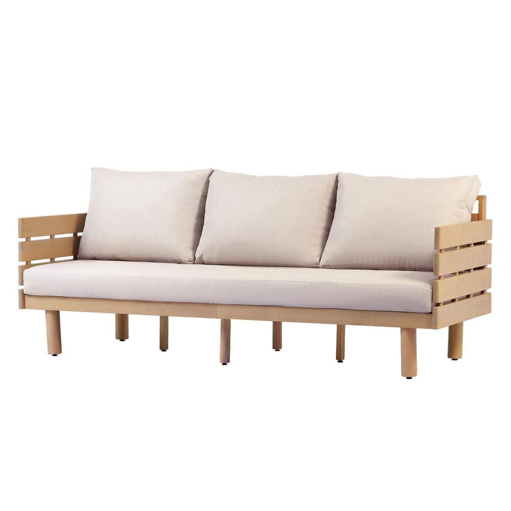 Elvarix Modern Light Teak Acacia Wood Patio 3 Seater Sofa Outdoor Couch with Beige Cushions and Slatted Armrests price history on PriceWatchPro