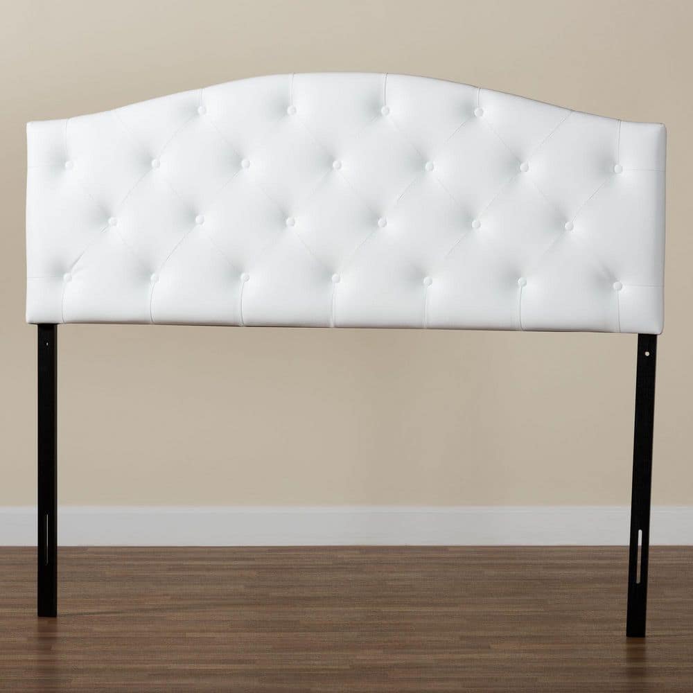 Elegant White Faux Leather Full Upholstered Tufted Scalloped Headboard