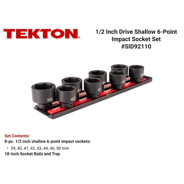 1/2 Inch Drive Shallow 6-Point Impact Socket Set with Rails and Tray, 8-Piece (39-50)