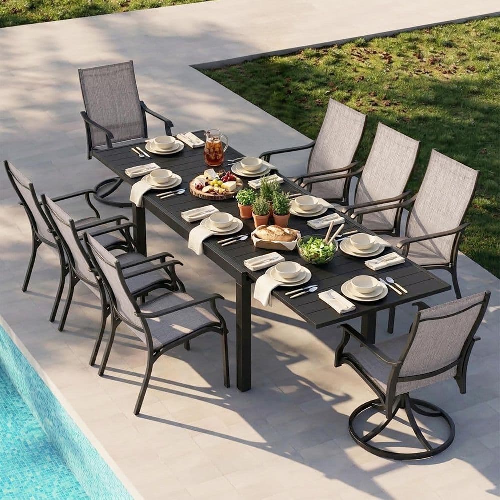 Black 9-Piece Aluminum and Textilene Rectangular Outdoor Dining Set w/ 53.1 in. 106.3 in. Extendable Table Swivel Design