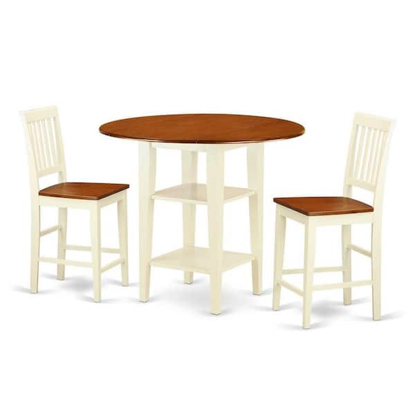 East West Furniture 3-Piece Buttermilk and Cherry Finish Round Solid Wood Top Counter Height Dining Table Set
