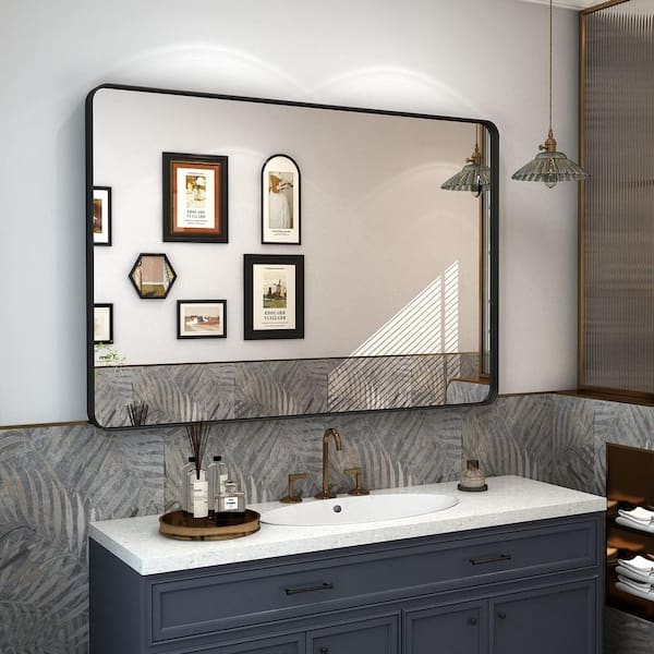 Apmir 40 in. W x 32 in. H Large Rectangular Tempered Glass Framed Wall Bathroom Vanity Mirror in Matte Black