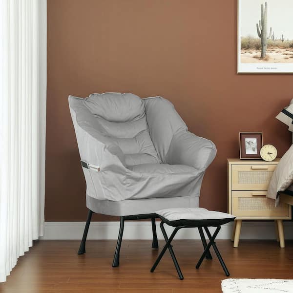 Lazy Chair with Ottoman Set, Fabric Upholstered Lounge Accent Chair with Armrests, Side Pockets, Light Gray