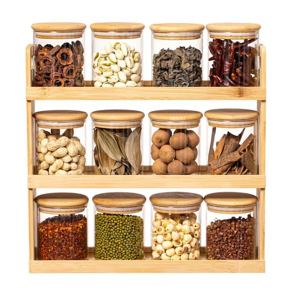 Unbranded Basicwise Versatile 3-Tier Bamboo Spice Rack and Pantry Organizer with 12 Glass Jars