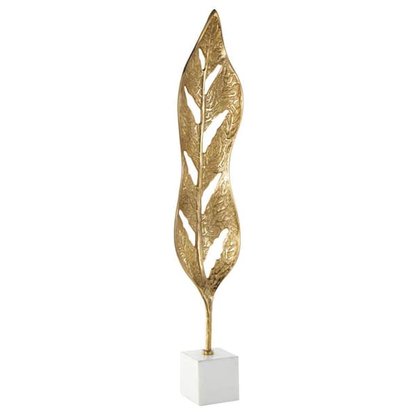 Gold Aluminum Metal Tall Textured Cutout Leaf Sculpture with White Marble Base