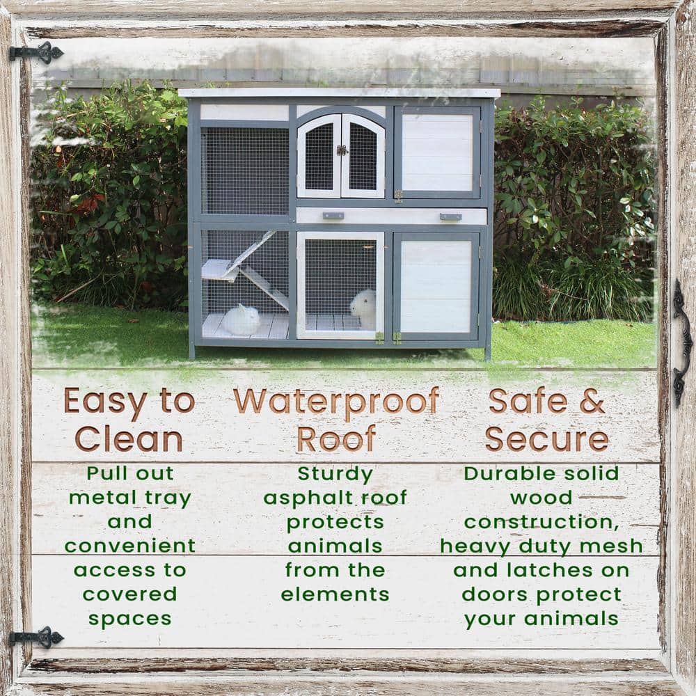 Gray and White Wooden 2-Story Rabbit Hutch with Ramps