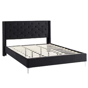 Black Velvet Platform Bed Frame Queen Platform Bed with Upholstered Headboard No Box Spring Needed