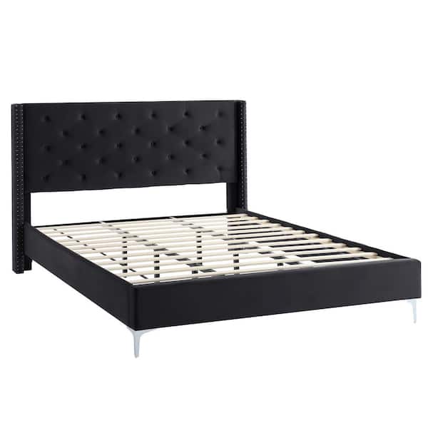 Morden Fort Black Velvet Platform Bed Frame Queen Platform Bed with Upholstered Headboard No Box Spring Needed
