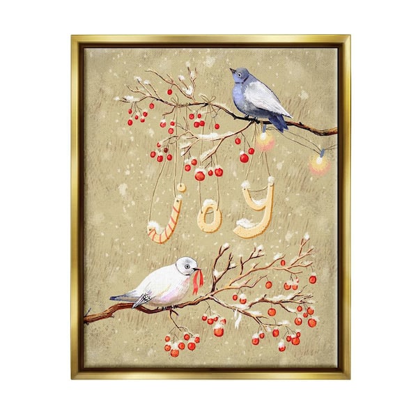 Stupell Industries Joy Bird on Winter Branches by Verbrugge Watercolor 1 Piece Floater Frame Graphic Print Animal Art Print 21 in. x 17 in.