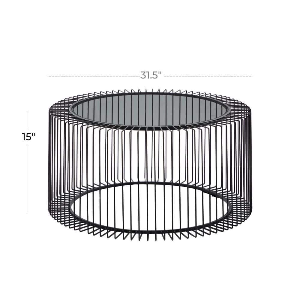 Modern Black Open Wire Frame 32" Round Glass Coffee Table