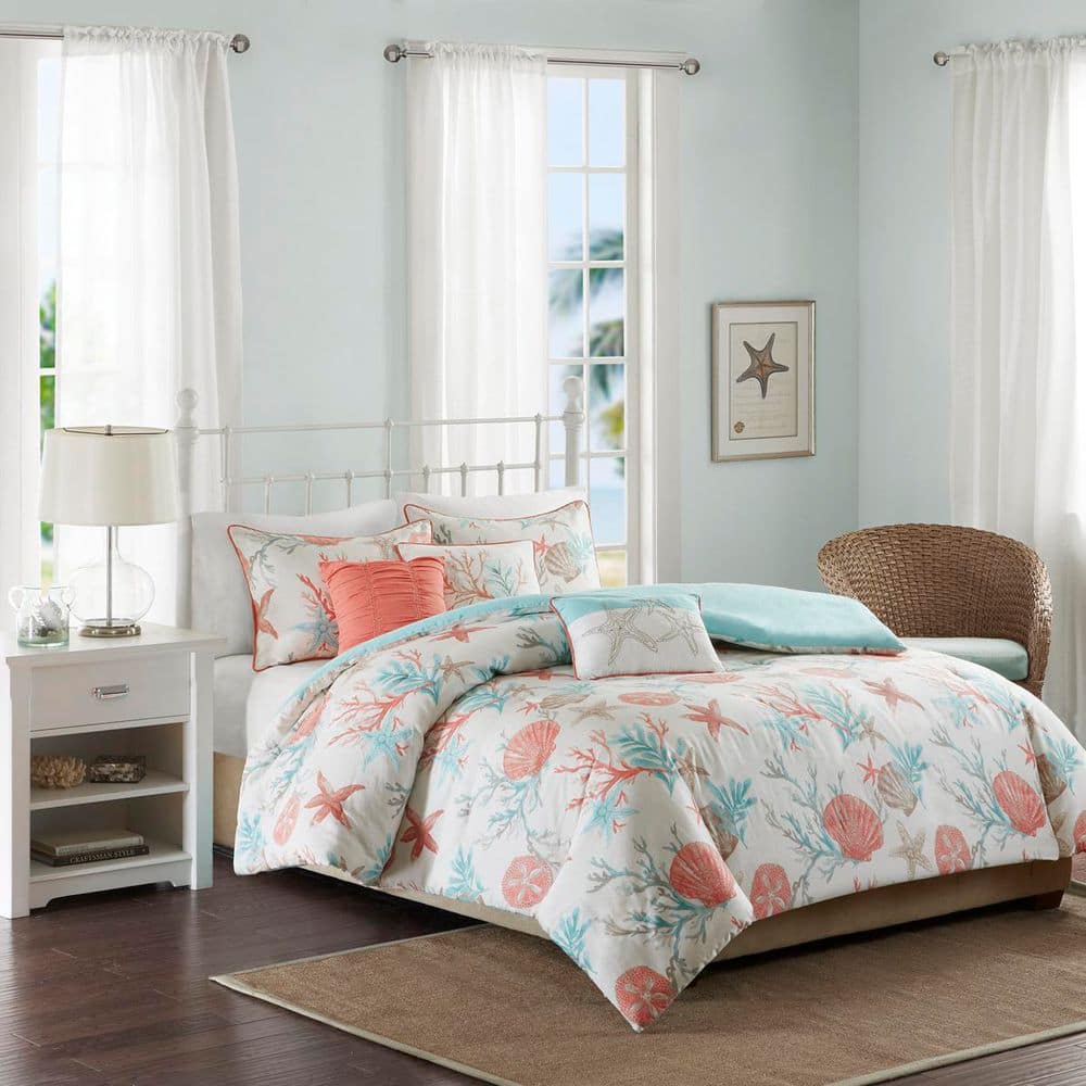 Coral and Teal Coastal Cotton Duvet Cover Set, Full/Queen, 6 Pieces
