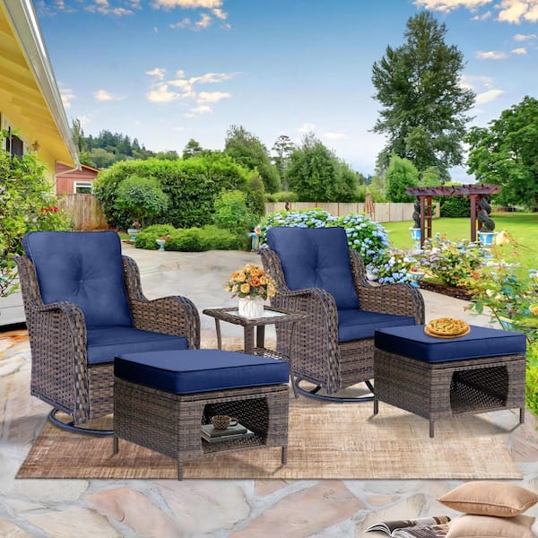 Brown 5-Piece Wicker Patio Conversation Set Swivel Rocking Chairs with Ottomans Side Table Navy Blue Cushions