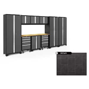 Bold Series 162 in. W x 76.75 in. H x 18 in. D Steel Cabinet Set in Gray with 600 sq. ft. Flooring Bundle (10-Piece)