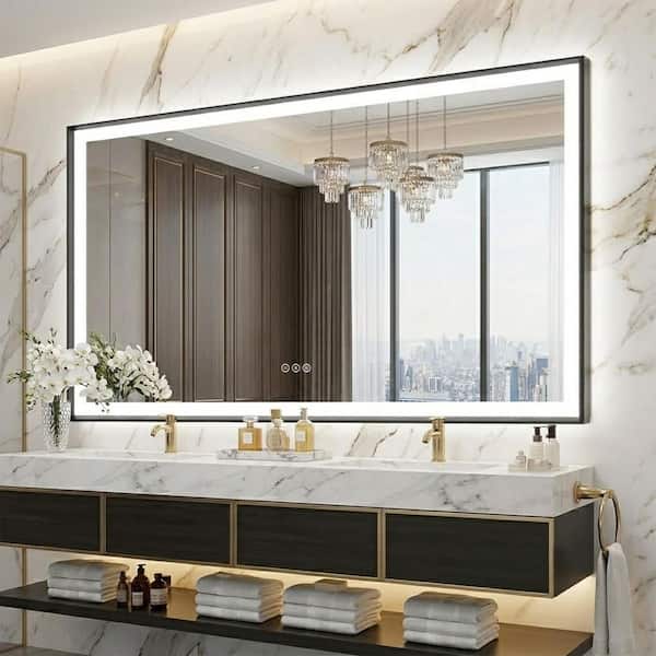 60 in.W x 36 in.H Rectangular Black Aluminum Framed Anti Fog LED Lighted Modern Wall Bathroom Vanity Mirror in Tempered