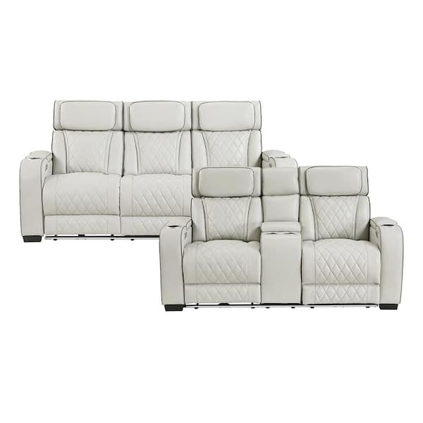 Clumber 84 in. W Pillow Top Arm Faux Leather Rectangle 2-Piece Power Double Reclining Sofa Set in Taupe