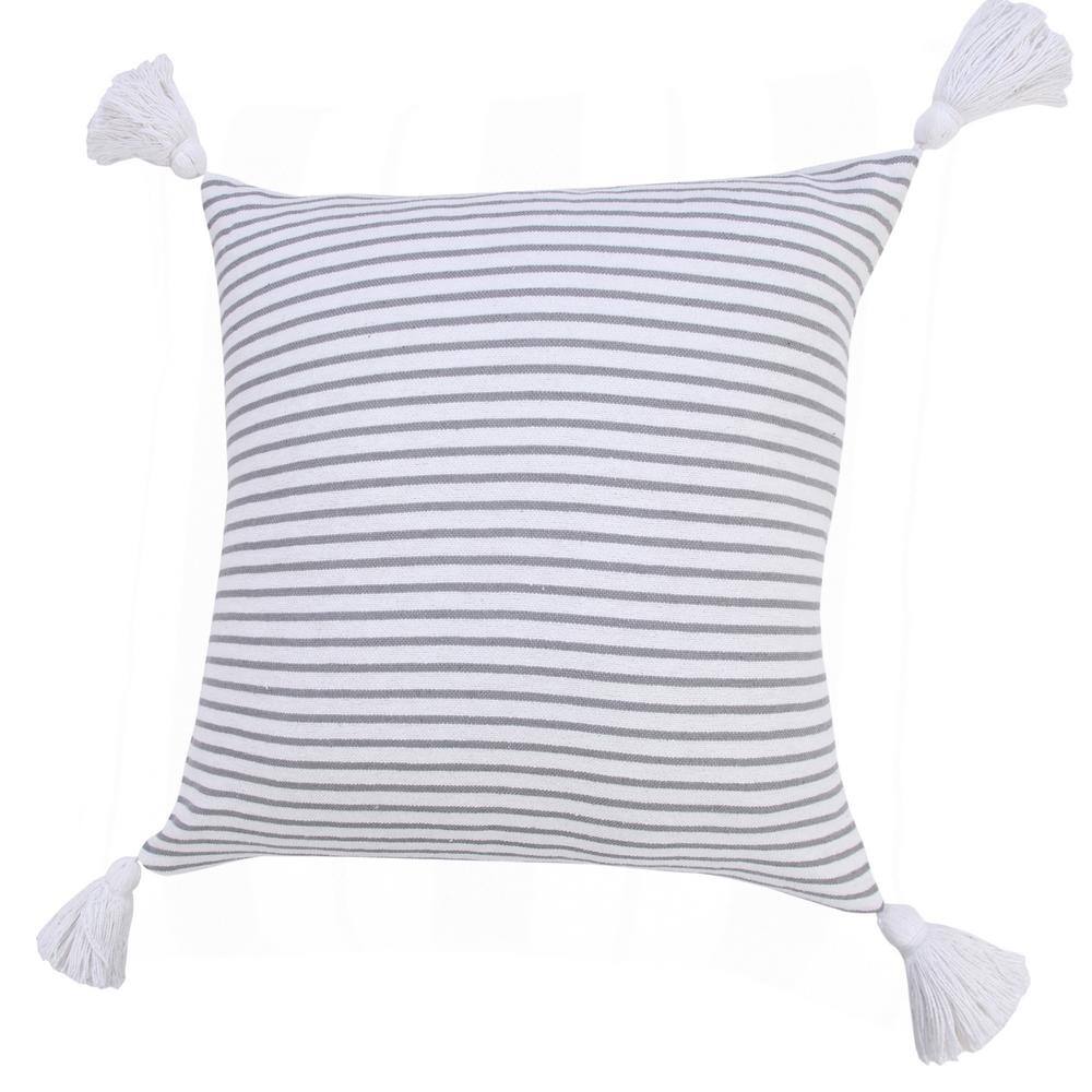 Gray and White Striped Cotton Square Throw Pillow with Tassels