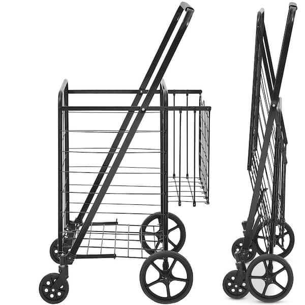 Folding Shopping Cart, Jumbo Grocery Cart with Double Baskets, 360° Swivel Wheels, Duty Utility Cart Black Kitchen Cart