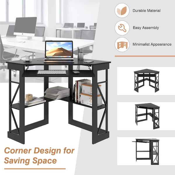 VECELO - Corner Computer Desk with Built-In Charging Station, Keyboard Tray and Storage Shelves, 41 in. Triangle Table, Black