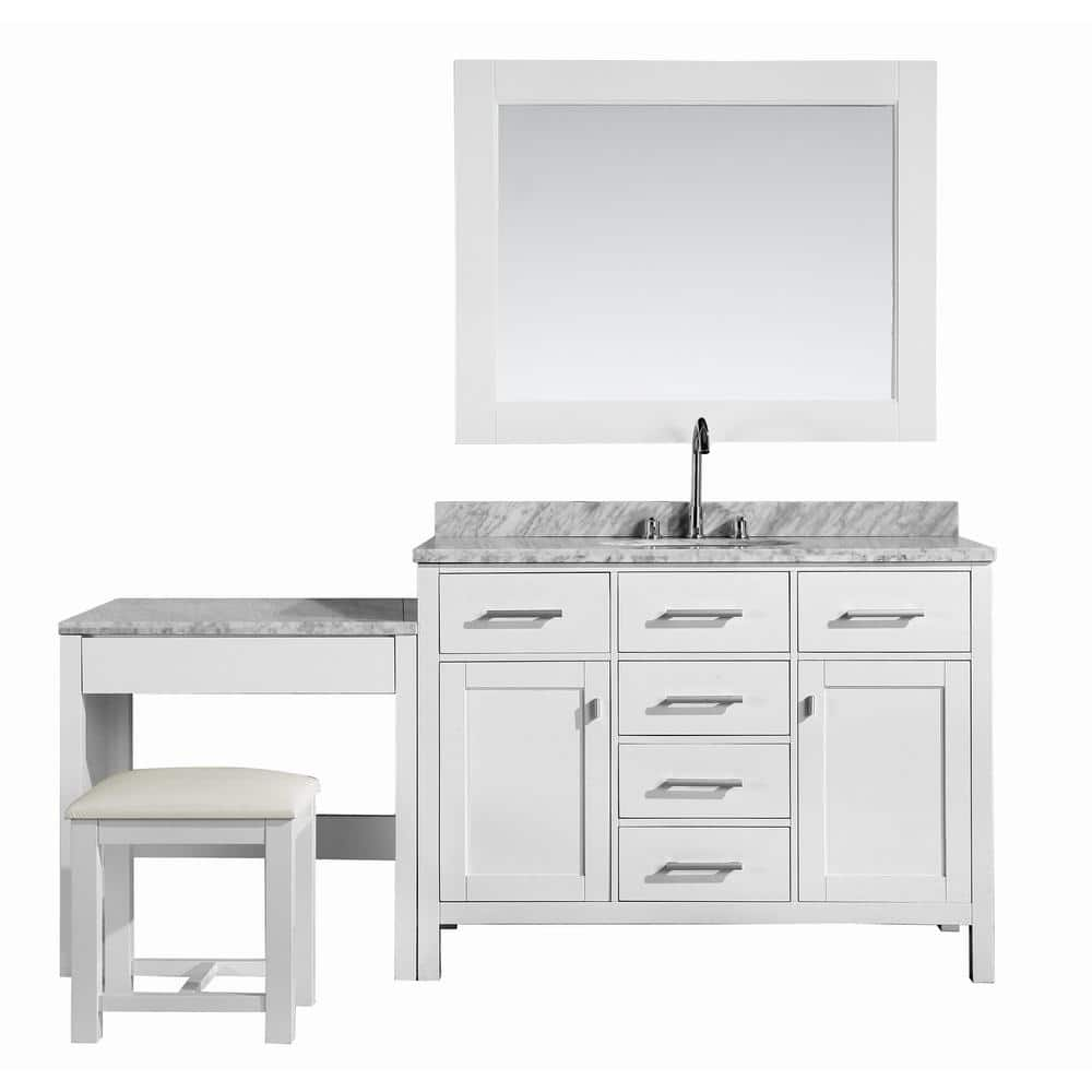 Design Element London 48 In W X 22 In D Vanity In White With Marble Vanity Top In Carrara White Mirror And Makeup Table Dec076c W Mut W The Home Depot