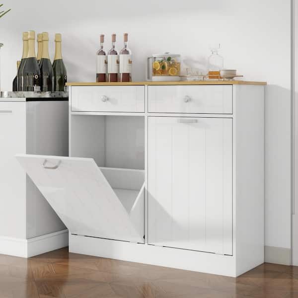 Nestfair White Wood 39.4 in. W Kitchen Island Trash Cabinet with 2-Drawers and Tilt Out Trash Cabinet