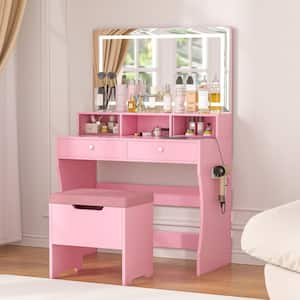 LED Vanity Desk with Mirror & Power Outlet, Makeup Table with 4 Drawers & Stool, 3 Lighting Modes for Dressing Room Pink