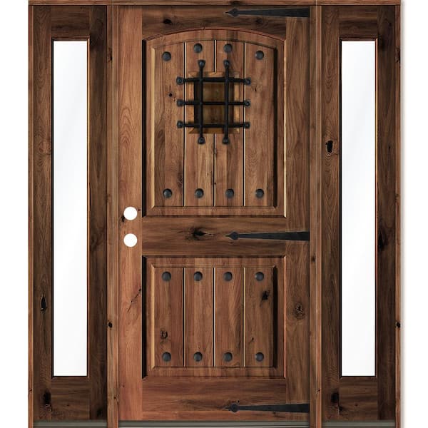 Krosswood Doors 70 in. x 80 in. Medit. Knotty Alder Right-Hand/Inswing Clear Glass Red Mahogany Stain Wood Prehung Front Door w/DFSL