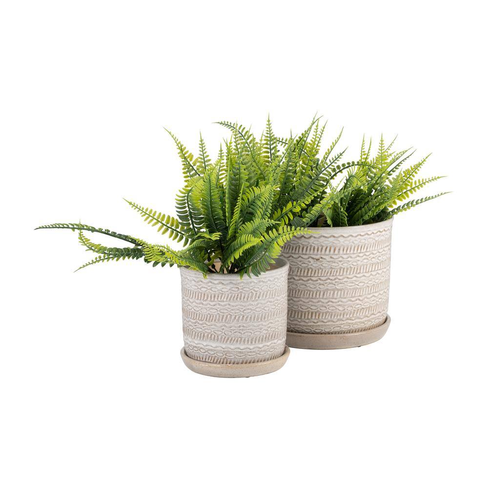 Ivory Beige Ceramic Tribal Planter Set with Saucers