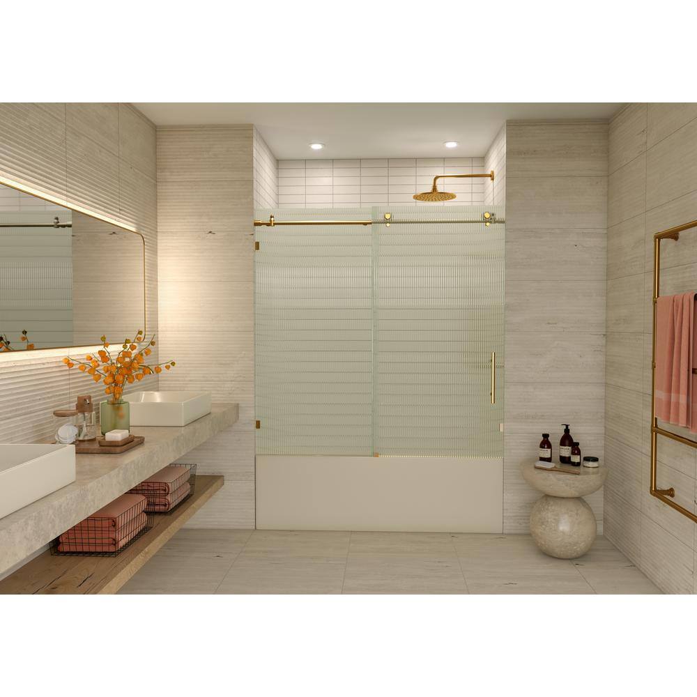 Galaxy 60" Satin Brass Frameless Fluted Glass Sliding Bathtub Door