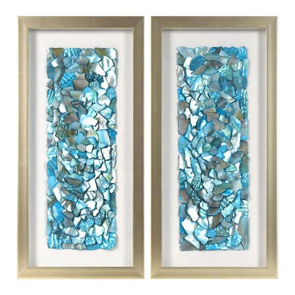 2-Piece Rectangle Coastal Wall Art Set Aqua & Teal Sea Glass Shell Shadowbox Framed Home Decor Bath 17.62 in. x 8.62 in.