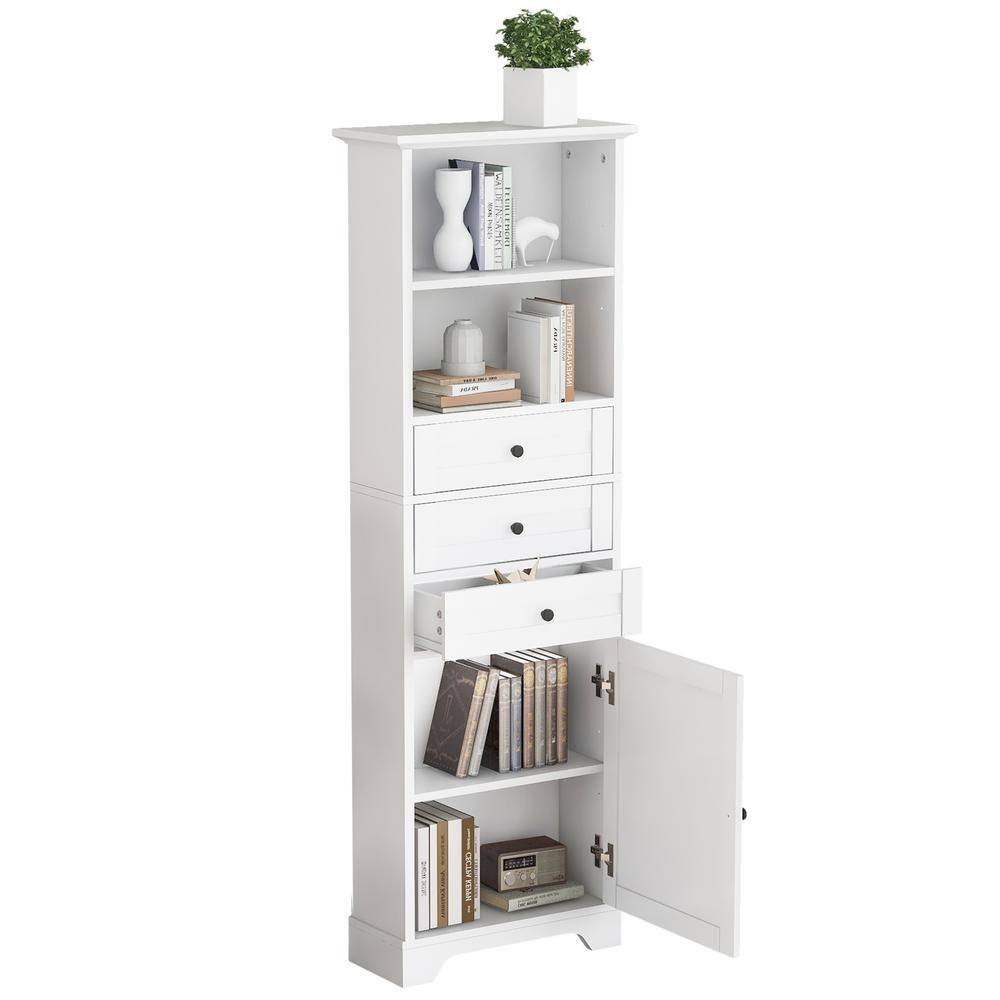 White Tall Bathroom Storage Cabinet with Adjustable Shelves and Drawers