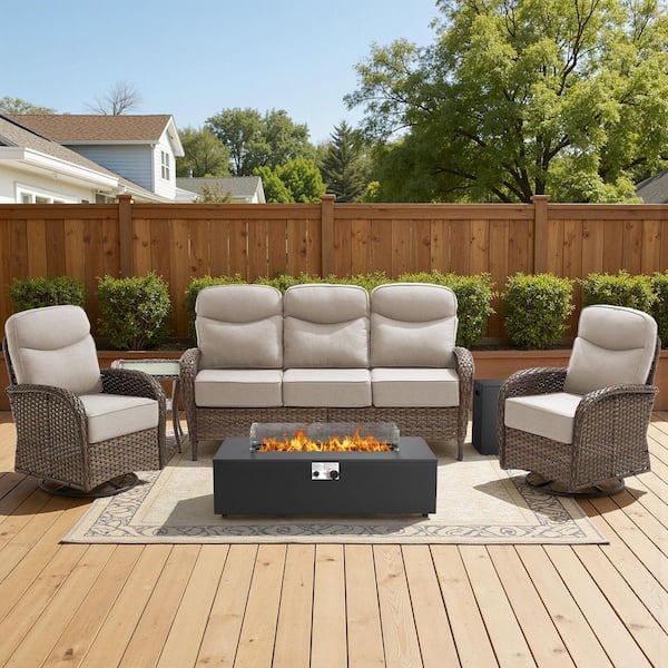 High Crescent 5-Piece Brown Wicker Patio Conversation Set with Beige Cushions and Split-Type Fire Pit Table