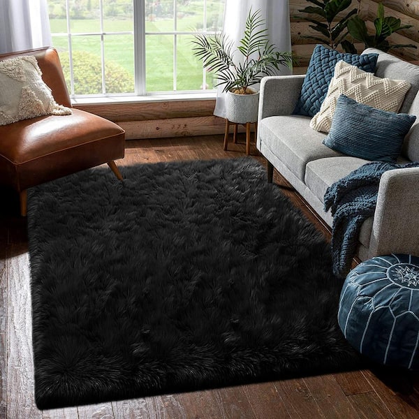 Latepis Sheepskin Faux Furry Black Cozy Rugs 6 ft. x 9 ft. Area Rug