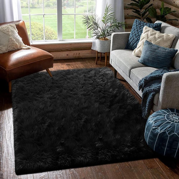 Latepis Sheepskin Faux Furry Black Cozy Rugs 8 ft. x 10 ft. Area Rug